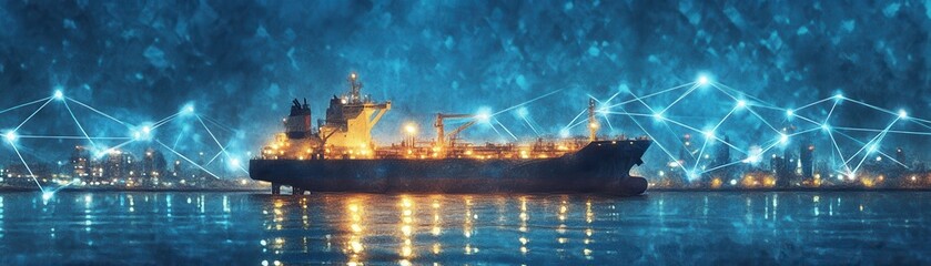 Fototapeta premium A cargo ship illuminated at night, surrounded by interconnected networks and city lights.