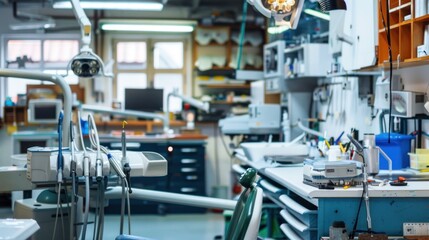 A dental equipment repair shop, with various tools and machinery in use for fixing dental devices