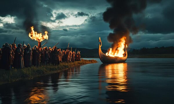 Vikings Funeral Ship Burning Ceremony at Twilight