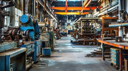 A repair shop specializing in industrial machinery, with various tools and equipment in use