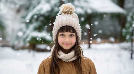 Fototapeta premium Winter funny child face. Funny kid outdoor portrait. Kid having fun on snowy winter day. Children in winter. Cute child wearing warm clothes playing in a snow. Winter activities for kids.