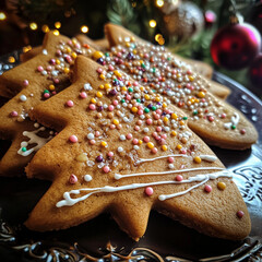 Homemade gingerbread cookies shaped like Christmas trees, decorated with colorful sprinkles and icing. Festive atmosphere with holiday ornaments in the background