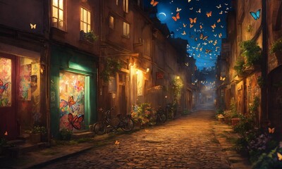 Fototapeta premium street in the old town and butterflies 