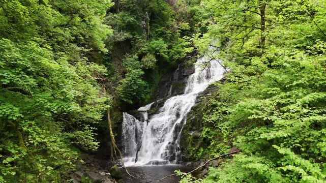 Drone shot of Torc Waterfall on the Ring of Kerry, Ireland