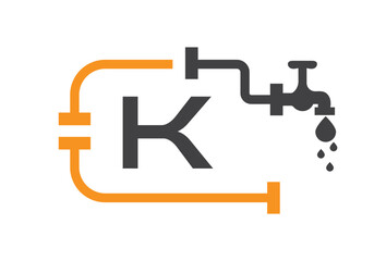 Letter K Plumber Logo Design Vector Template Concept With Pipe And Water Symbol