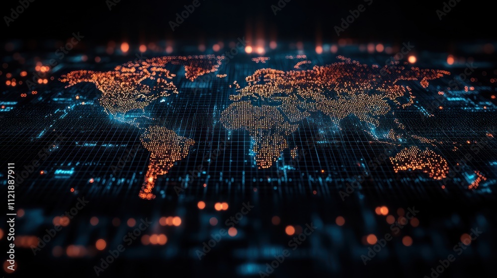 Poster digital world map with glowing data points and grid