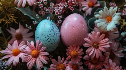 Fototapeta premium Easter eggs in pastel colors nestled in spring flowers