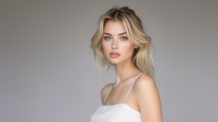 Beautiful blonde woman. Beauty, skincare, and cosmetics advertisements. Portrait of a sexy woman with glowing skin and natural makeup. Perfect beauty girl face. Natural beauty.