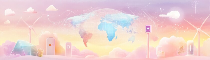 Obraz premium A colorful illustration depicting renewable energy and a globe surrounded by nature.