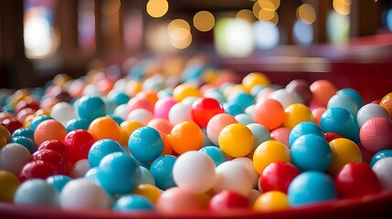 A bright ball pit surrounded by toys and playful equipment invites children to dive in and have fun.
