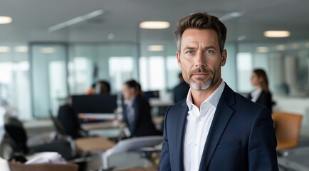 Fototapeta premium Confident mature business man in office. Senior businessman coach, leader looking at camera. Middle aged business man in suit standing in office. Businessman professional manager.