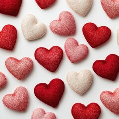 Obraz premium A colorful arrangement of heart-shaped decorations in various shades of red and pink, perfect for celebrations of love and affection.