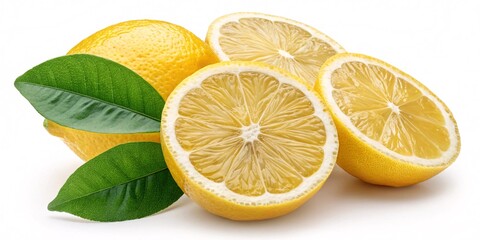 Fresh Lemon Slices with Green Leaves, High Detail, Vibrant Yellow V1