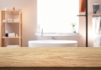 Beautiful natural wooden table with bathroom background