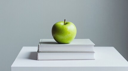Green apple on stacked white books with minimalist background