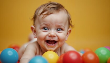 Obraz premium Laughing baby surrounded by colorful balls on a bright background