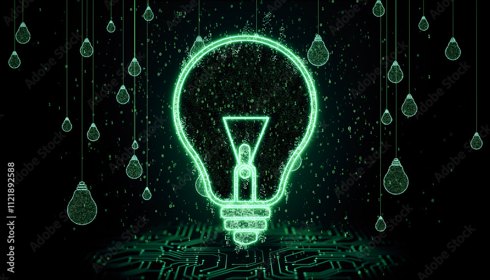 Fototapete Glowing green digital lightbulb with binary code and hanging bulbs on dark background. 3D Rendering