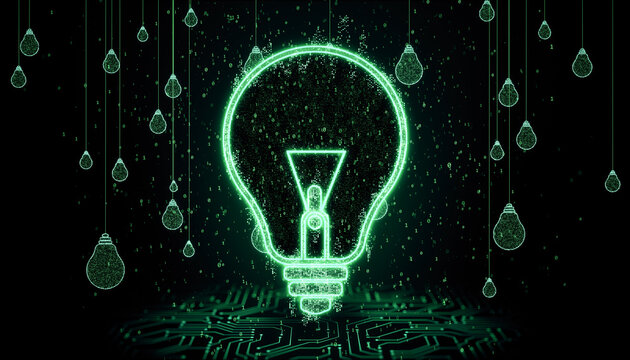 Glowing green digital lightbulb with binary code and hanging bulbs on dark background. 3D Rendering