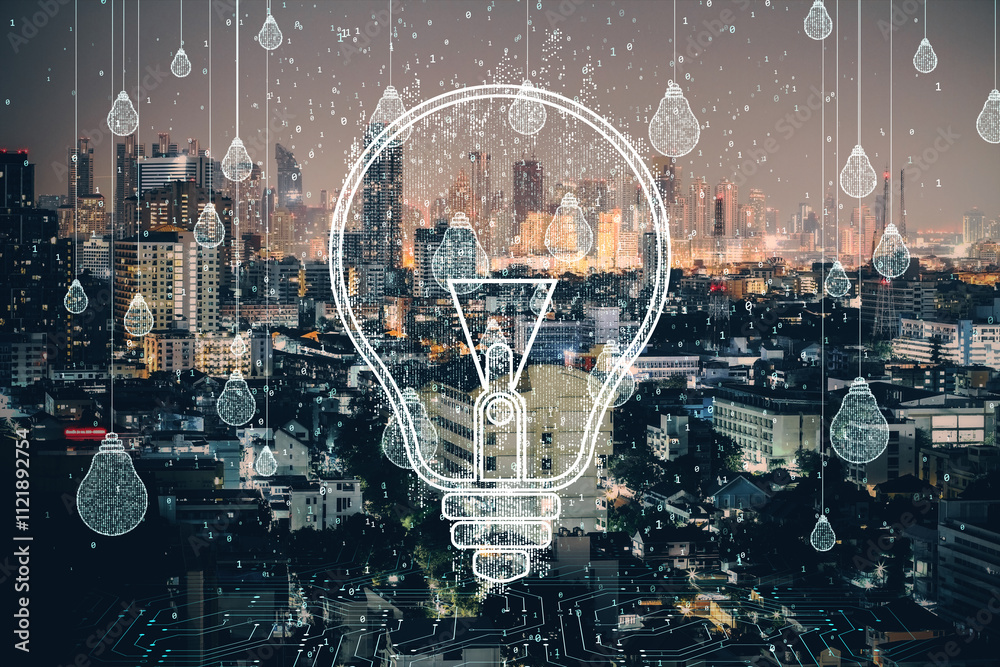 Poster Lightbulb concept overlaying city skyline at night with binary code and light drops.
