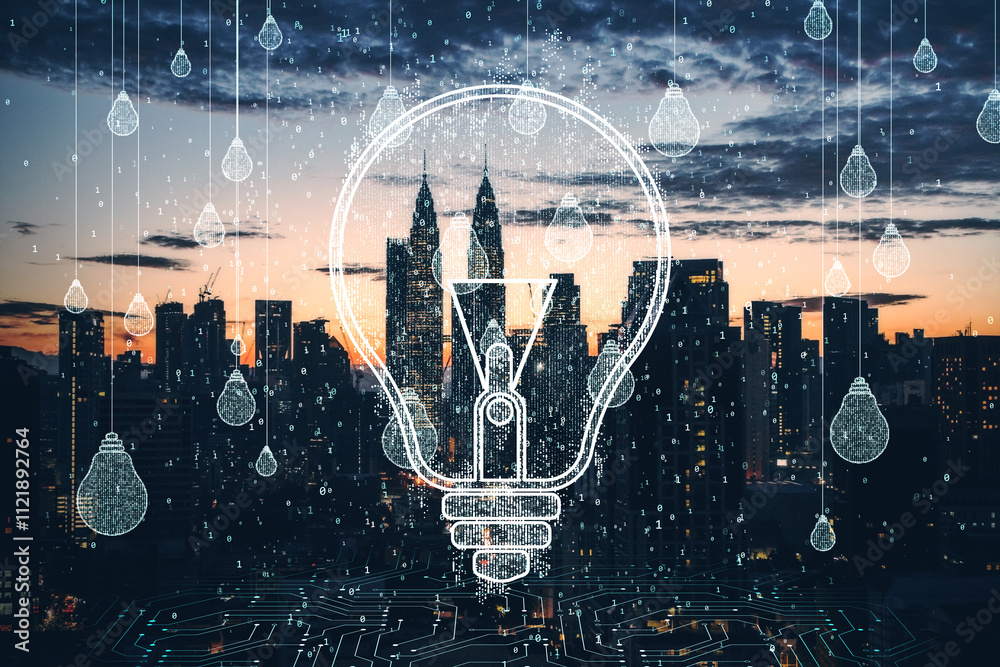 Poster double exposure of lightbulb overlay with city skyline at dusk, symbolizing innovation and technolog