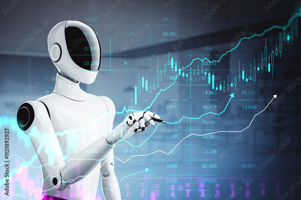 Aufkleber Robot analyzing financial charts and graphs on futuristic digital interface background. 3D Rendering