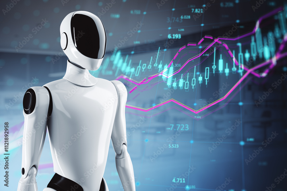 Poster Futuristic robot with financial data graphs on digital background, representing fintech and AI-driven market analysis concept. 3D Rendering