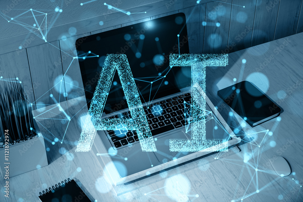 Poster digital ai concept overlay on laptop workspace with glowing network connections on wooden office des