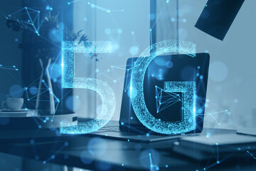 Futuristic 5G hologram overlay with a modern office desk background.