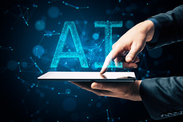 Hands touching a tablet with glowing AI text and neural network visuals on a blue futuristic background.