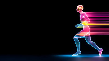 Abstract digital art of an ANCIENT GREEK Olympic athlete, against a black background, with a glow effect, light and shadow lines, and neon colors