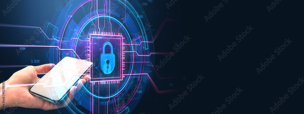 Poster smartphone held in hand with a glowing lock icon on digital network background. cybersecurity and da