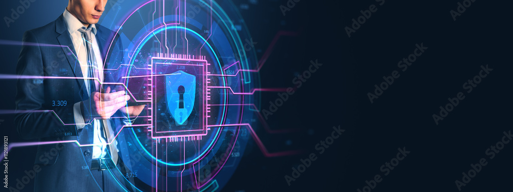 Poster businessman using phone with digital shield and lock symbol, representing cybersecurity concept, on 