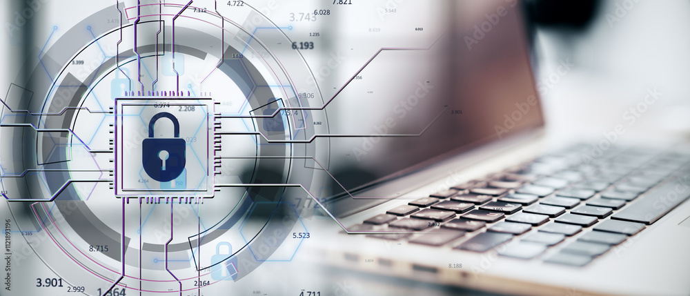 Poster digital lock icon with wireframe overlay beside a laptop keyboard on a blurred background. concept o