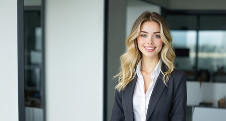 Obraz premium Portrait of beautiful successful young business woman smiling at camera. Female ceo leader businesswoman standing in office.