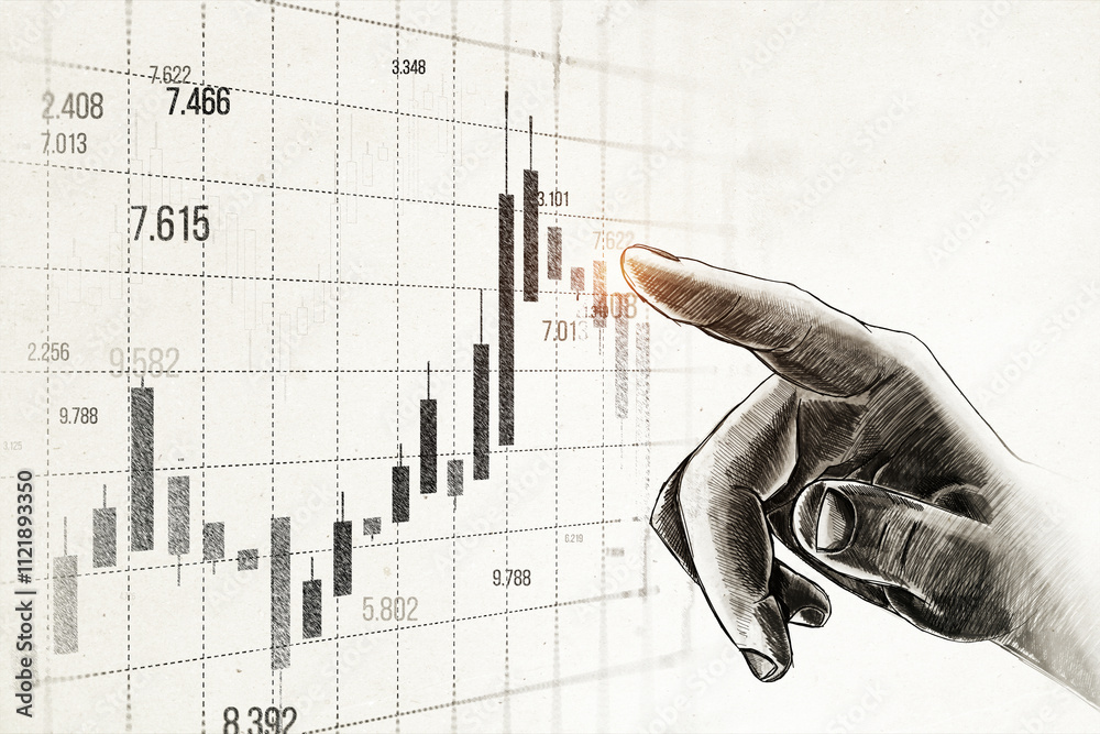 Poster Hand pointing at forex chart with candlestick data, sketched style on textured background.