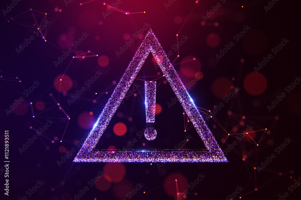 Poster Warning exclamation mark icon in digital hologram style on abstract background with glowing network elements. 3D Rendering
