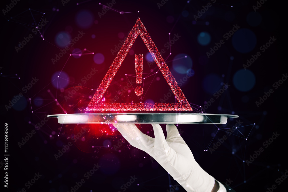 Poster warning exclamation mark hologram on tray held by gloved hand with a futuristic background.