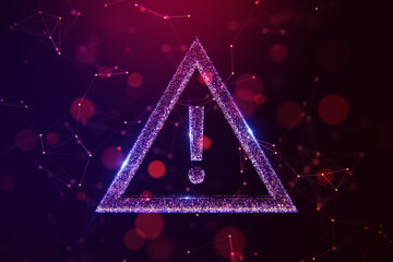 Warning exclamation mark icon in digital hologram style on abstract background with glowing network elements. 3D Rendering