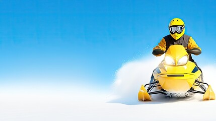 A person wearing a helmet rides a yellow snowmobile quickly across a snowy hill, kicking up a dust cloud in deep powder while enjoying the sunny weather