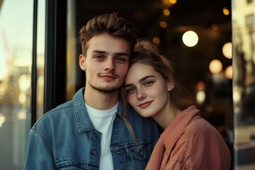 Fototapeta premium Young couple enjoying a moment together outside a coffee shop in casual attire
