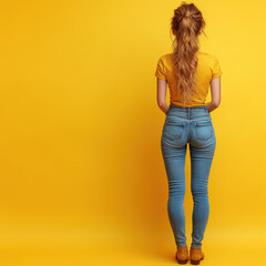Fototapeta premium Stylish Young Woman in Bright Yellow Background with Casual Outfit and Vibrant Hair in a Vertical Pose