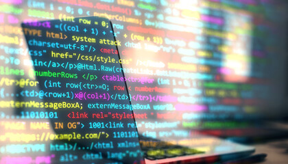 Colorful overlay of programming code on laptop screen, modern tech background.