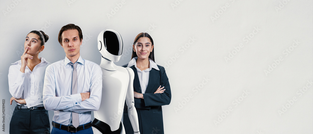 Poster businesspeople and robot standing together on a plain background, representing teamwork and innovati