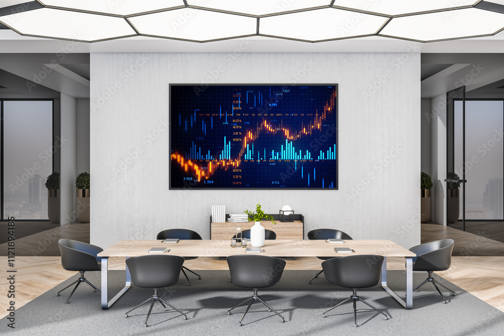 Poster modern meeting room with financial chart displayed on the wall screen, showcasing a professional cor