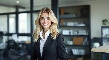 Young happy beautiful business woman. Happy business woman, smiling positive female manager in office, portrait. Confident business woman entrepreneur, female manager leader in modern office looking.
