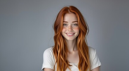 Fototapeta premium Beautiful smiling young red-haired and freckled woman with clean fresh skin and white teeth.