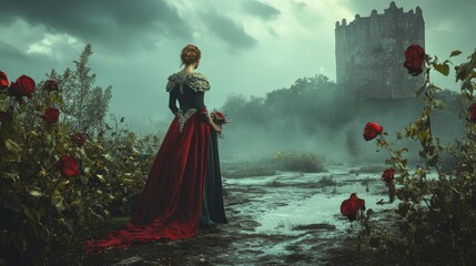 Fototapeta premium Back view of a woman in an elegant red gown standing in a misty field with red roses and a castle in the distance