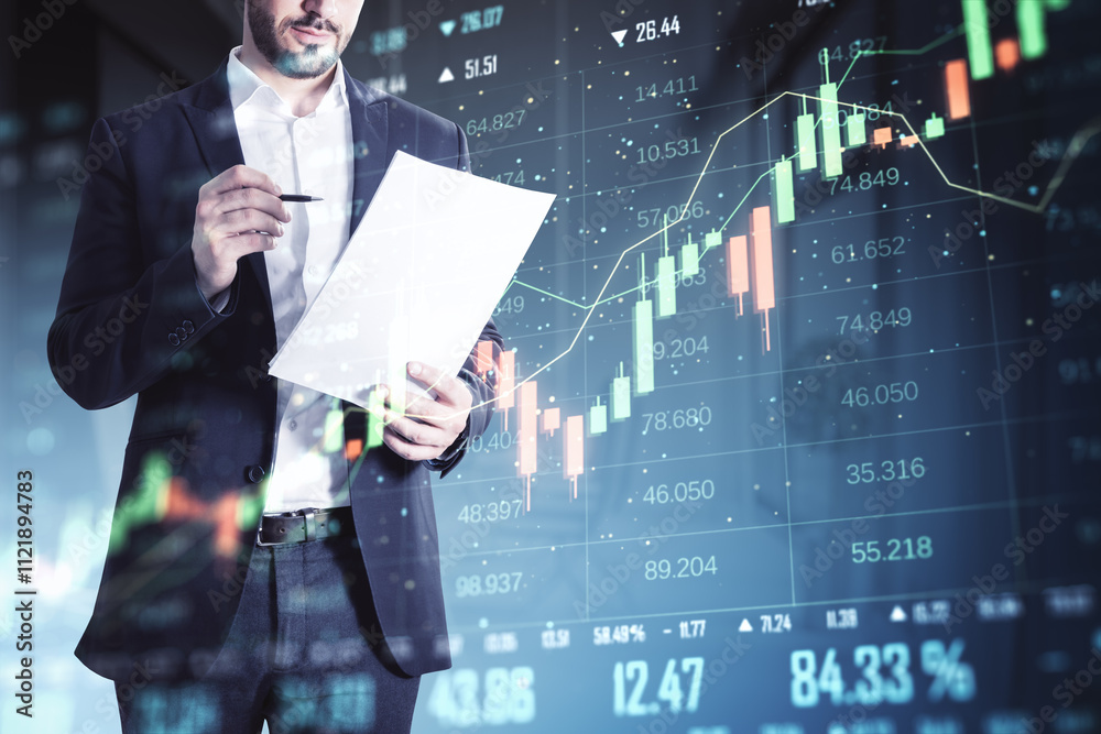 Poster businessman analyzing financial data on paper with stock market charts in the background.