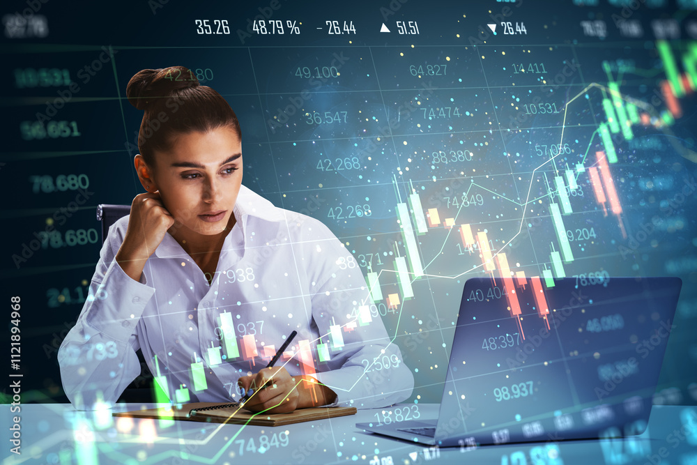 Poster Businesswoman analyzing financial data on laptop with graphs and charts overlayed, representing global trading and investment concepts.