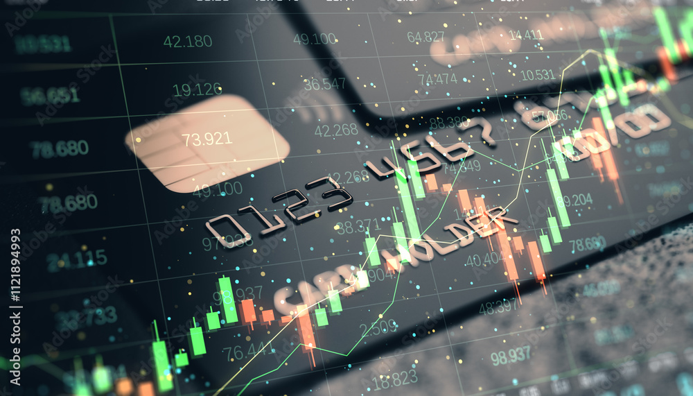 Poster financial data overlayed on credit card with stock market candlestick chart and digital numbers in f